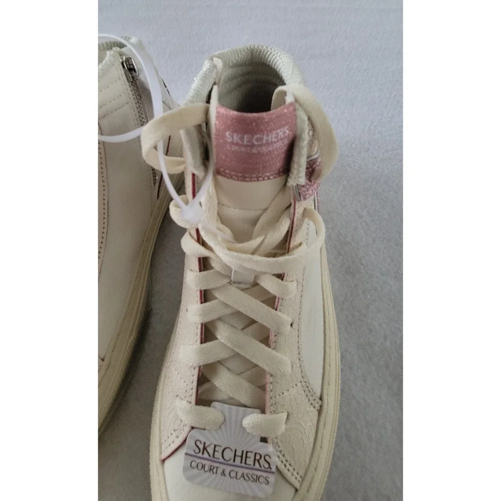 NEW SKECHERS COURT & CLASSIC SKX WHITE AND METALLIC PINK HIGH-TOP SNEAKERS Sz6.5
